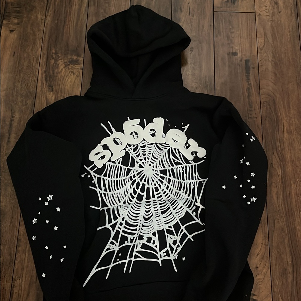 Black Crewneck Hoodie with White Spiderweb Graphic
